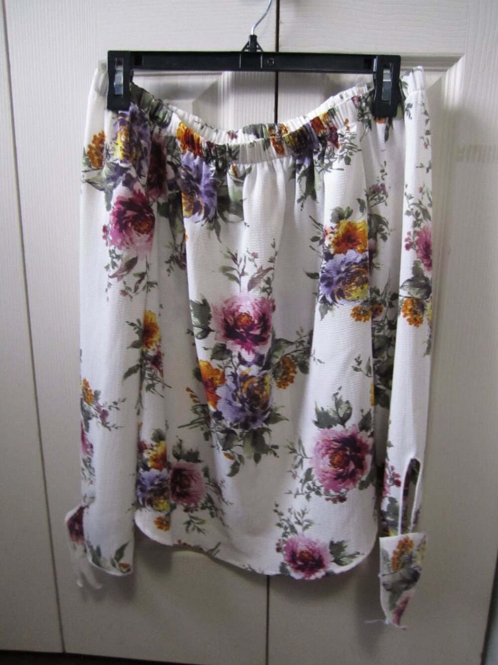 Floral Off-Shoulder Blouse in White with Pink & Purple Blooms